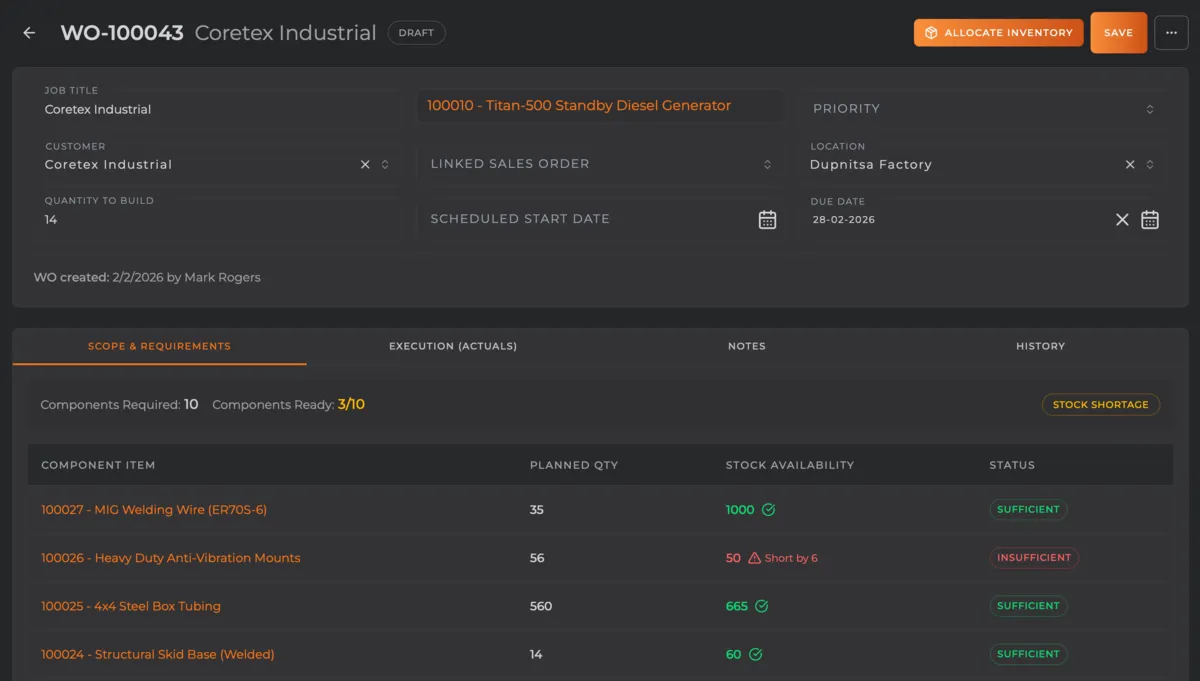 Manufacturing Work Order